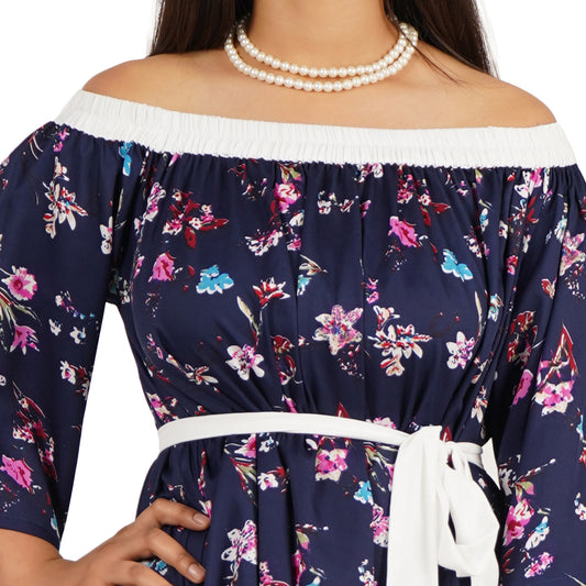 Blue Off-Shoulder Knee Length Dress – Crepe Fabric