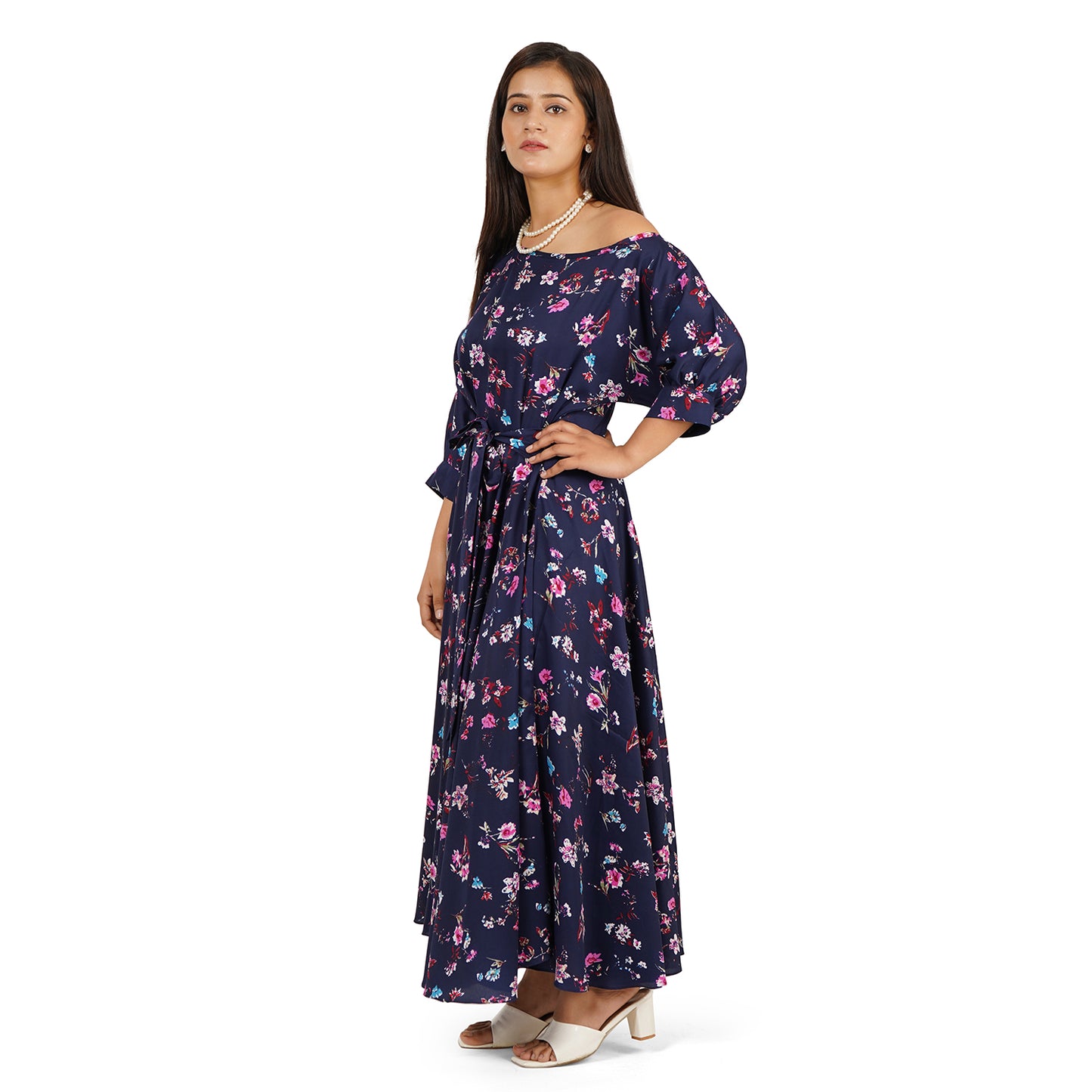 Blue Floral One-Shoulder Full Flare Long Dress – Crepe Fabric