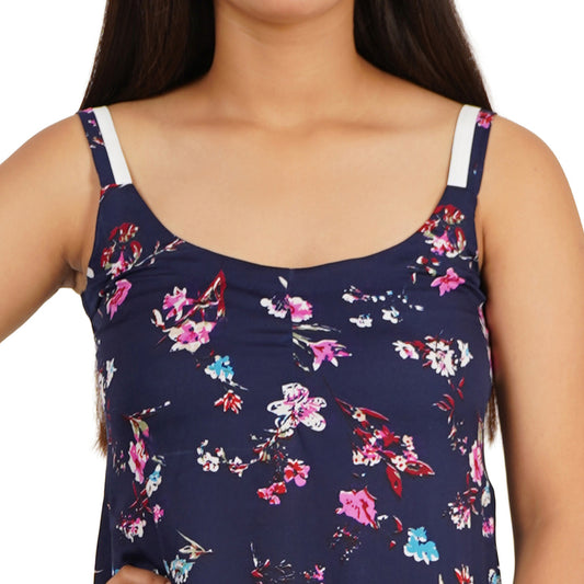 Blue Floral A-Line Short Dress with White Layered Hem for Women