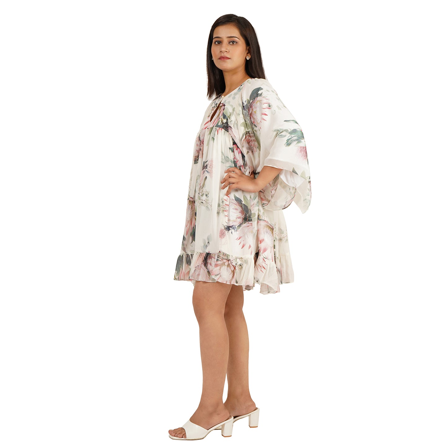 Floral Digital Printed Georgette Gathered Tunic Dress for Women