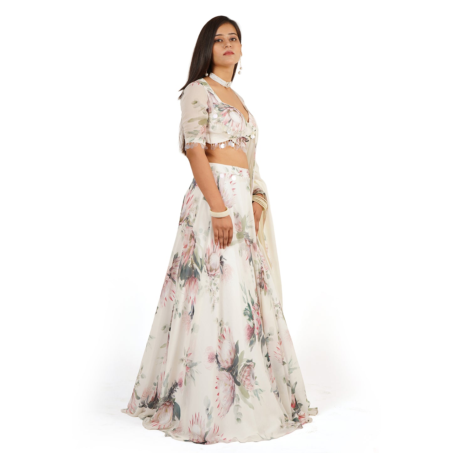 Flower Digital Printed Lehenga Blouse Dupatta Set