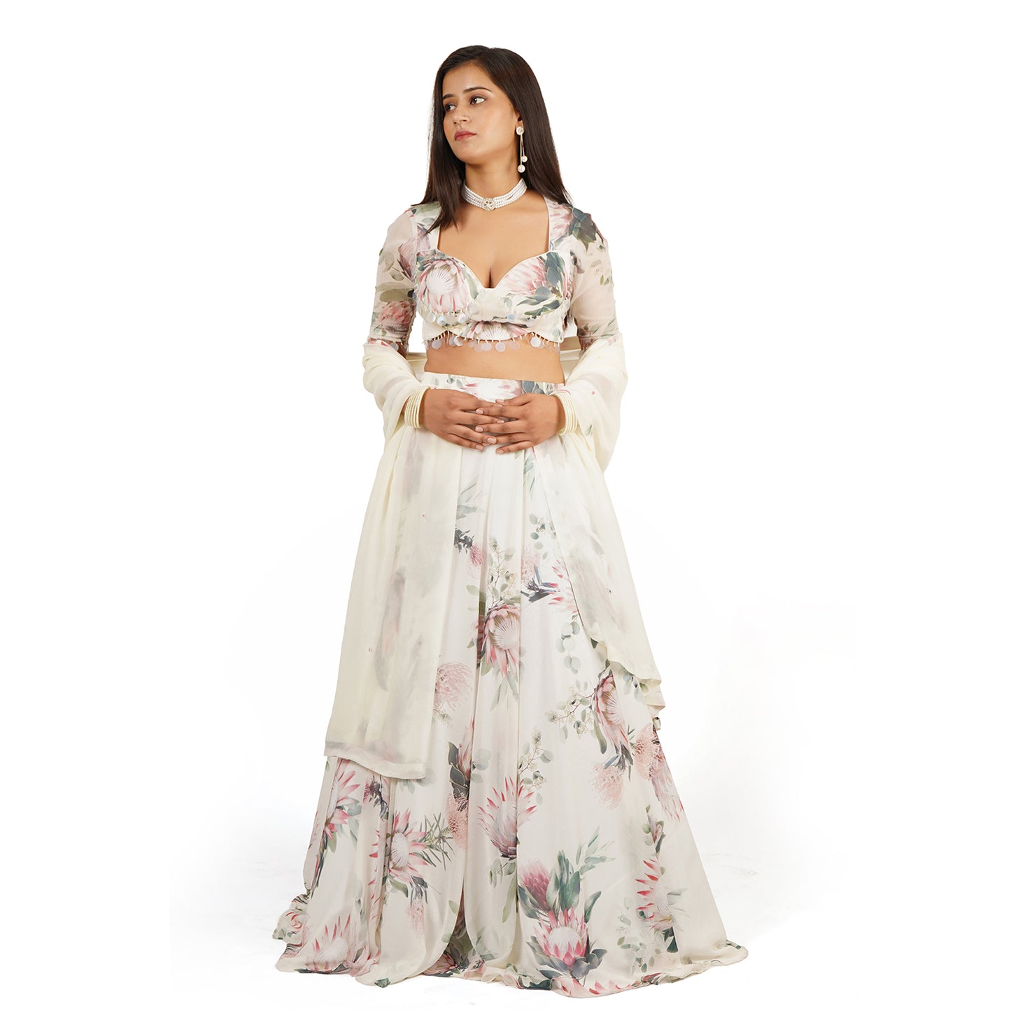 Flower Digital Printed Lehenga Blouse Dupatta Set