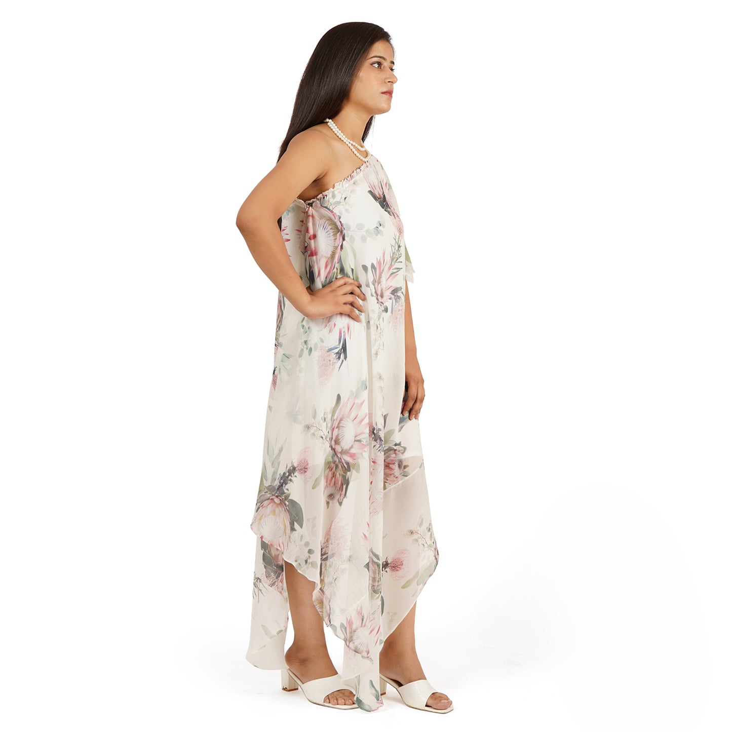Floral One Shoulder Long Dress with Ruffle Sleeve – Digital Printed
