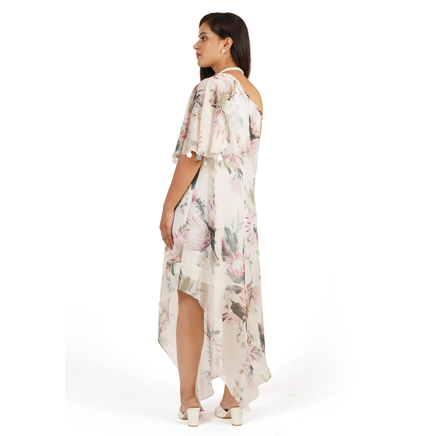 Floral One Shoulder Long Dress with Ruffle Sleeve – Digital Printed