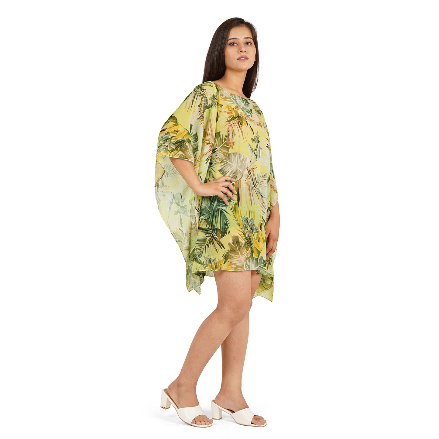 Green Tropical Leaves Digital Printed Kaftan Dress for Women