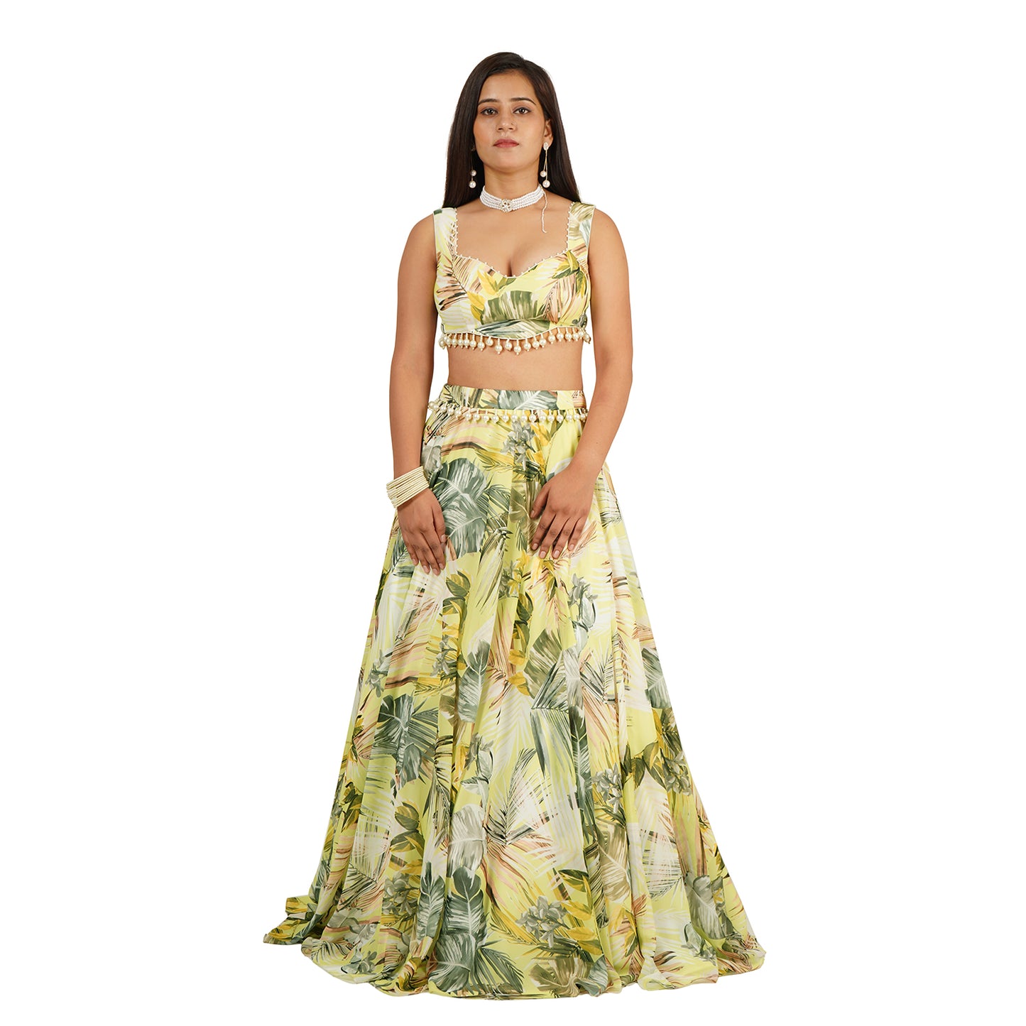 Green Leaves Digital Printed Lehenga Blouse Dupatta Set