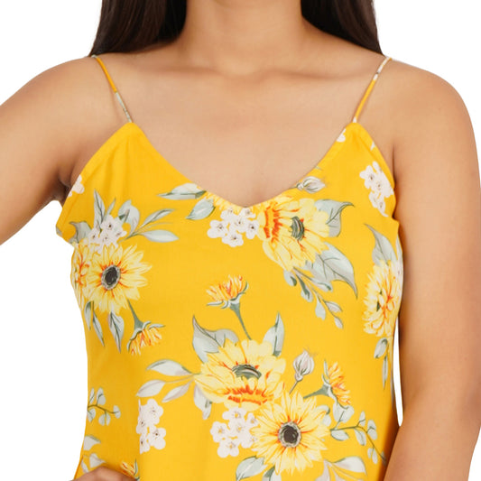 Yellow Printed A-Line Long Dress