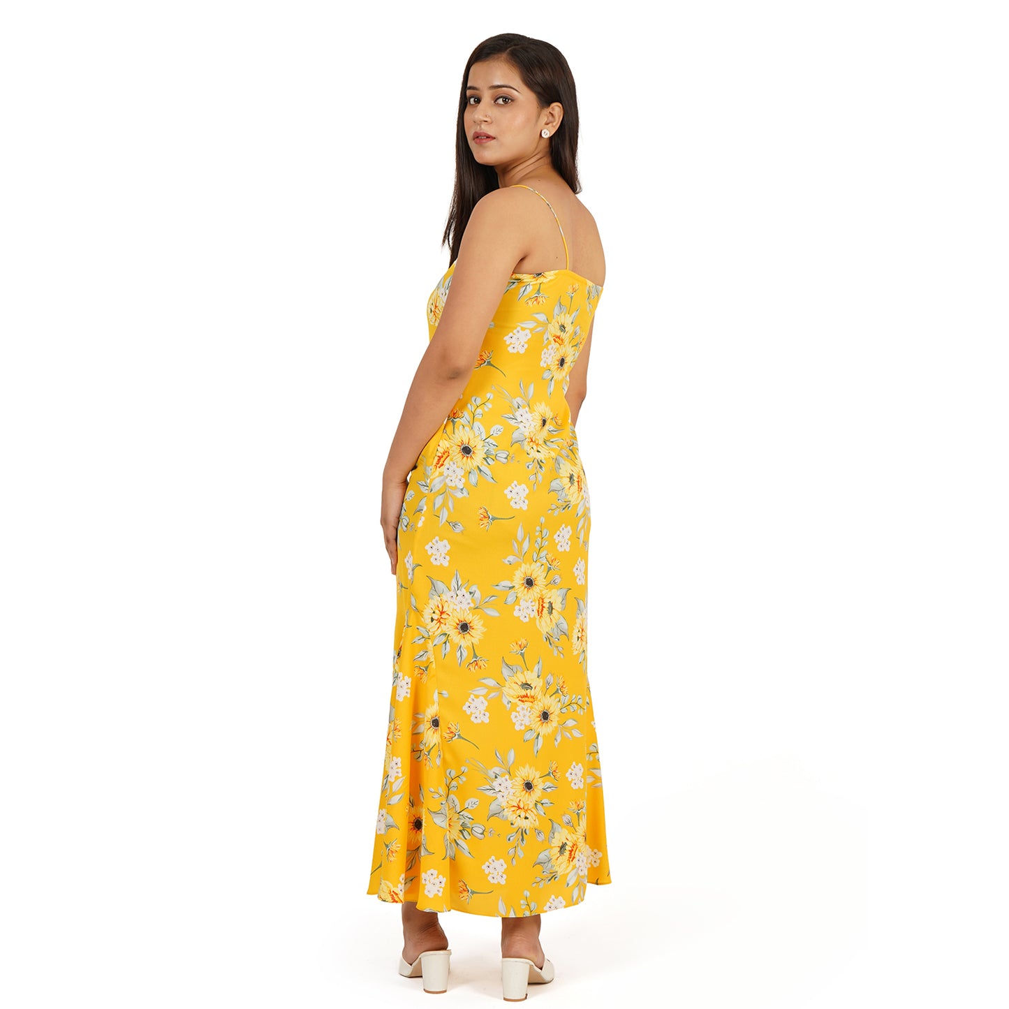 Yellow Printed A-Line Long Dress