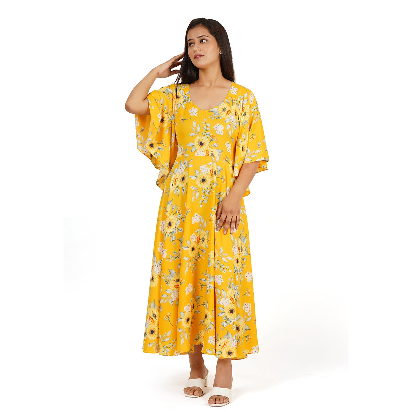 Yellow Floral Printed Full Circle Long Dress for Women – Summer Cool Fabric