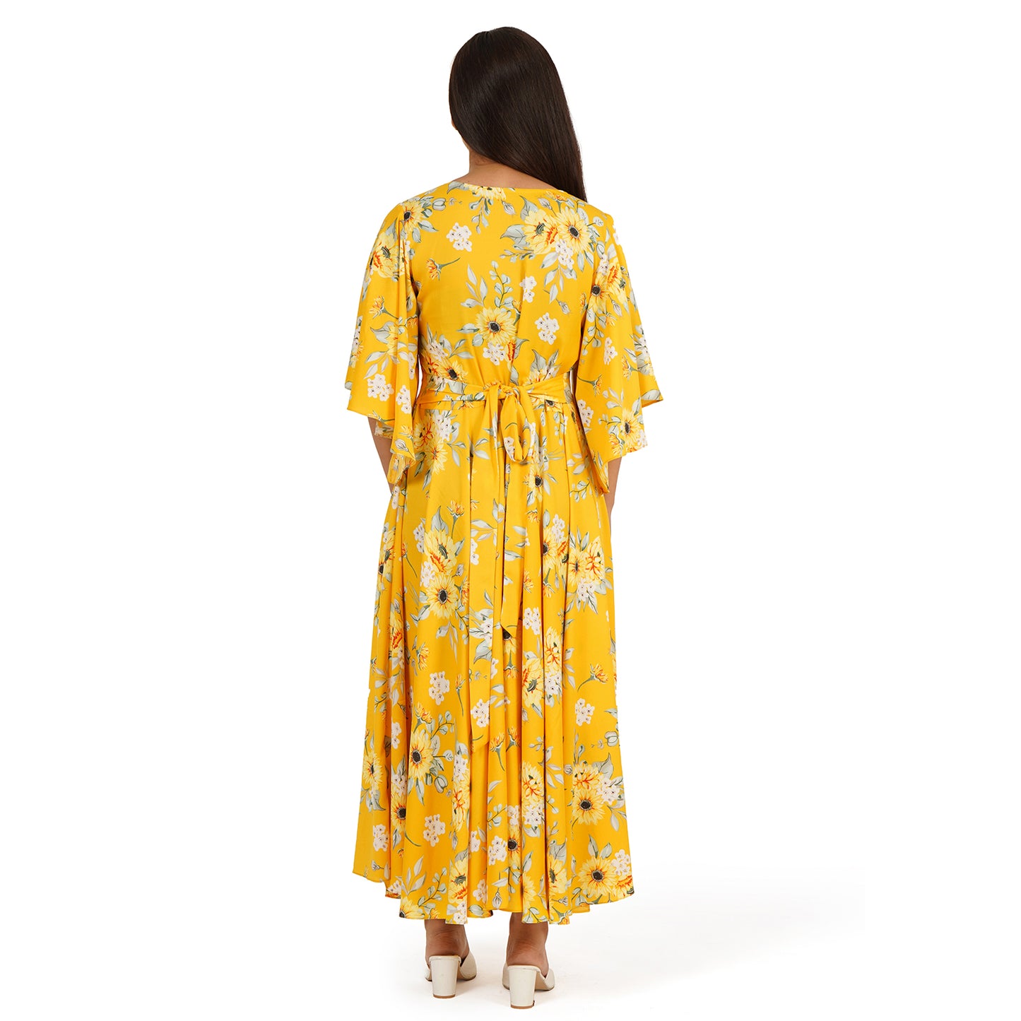 Yellow Floral Printed Full Circle Long Dress for Women – Summer Cool Fabric
