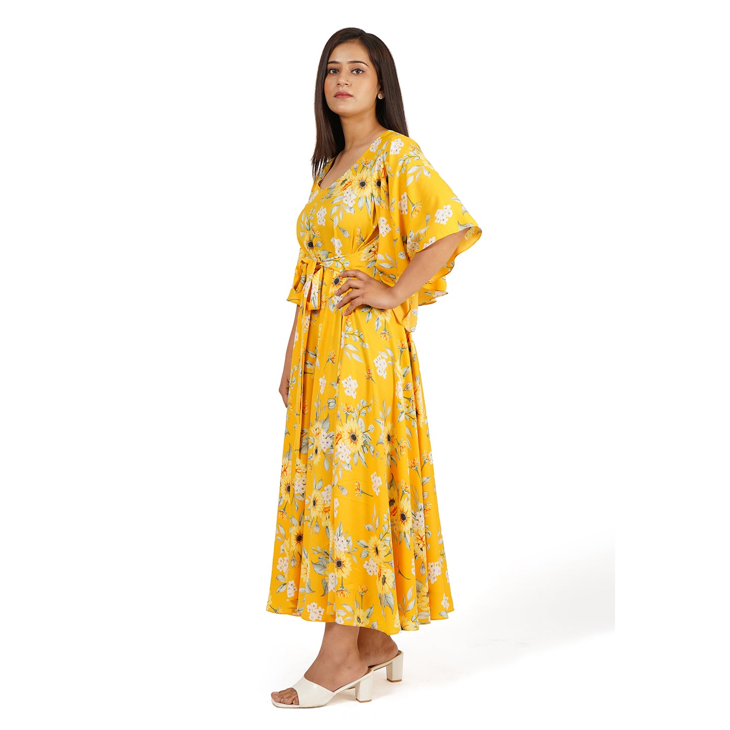 Yellow Floral Printed Full Circle Long Dress for Women – Summer Cool Fabric