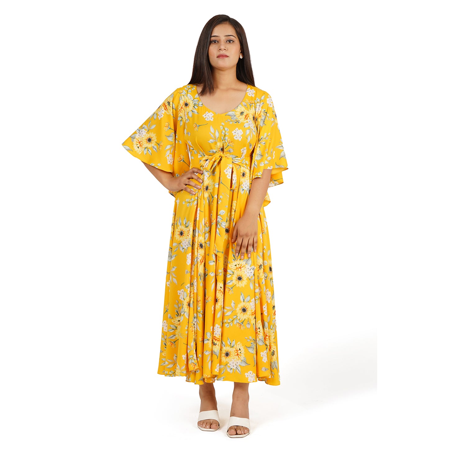 Yellow Floral Printed Full Circle Long Dress for Women – Summer Cool Fabric
