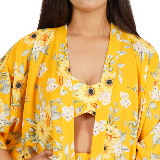 Yellow Floral Printed Shorts Bustier Kaftan Jacket Set – Summer Cool Fabric