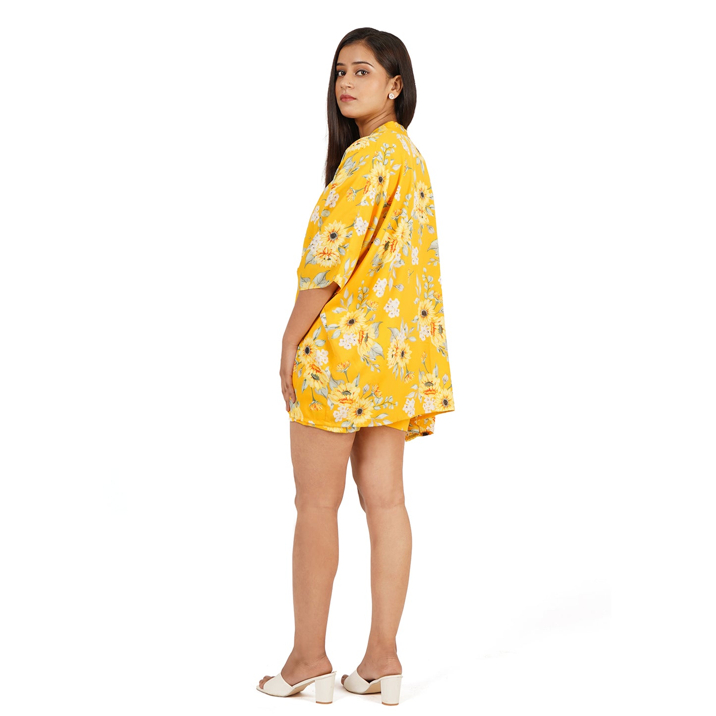 Yellow Floral Printed Shorts Bustier Kaftan Jacket Set – Summer Cool Fabric