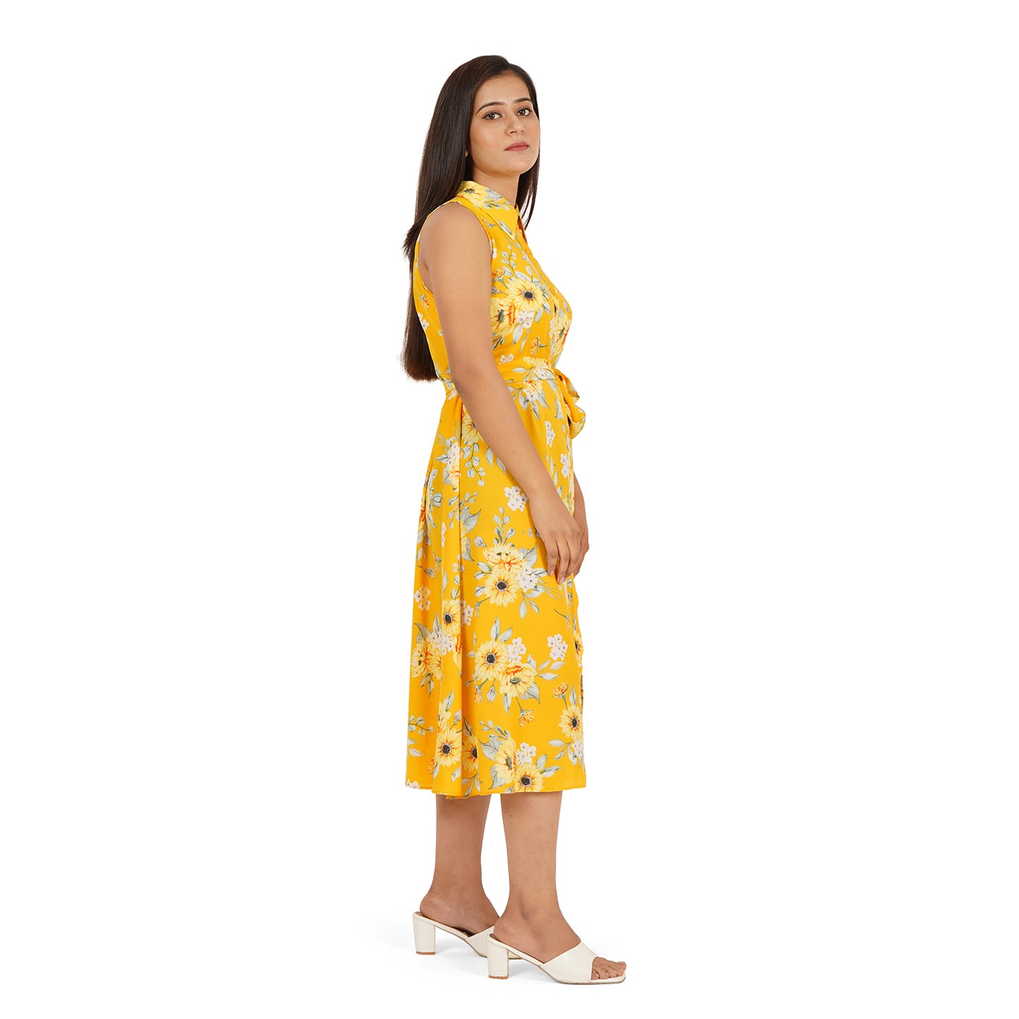 Yellow Floral Sleeveless Shirt Collar Midi Dress – Summer Cool Fabric