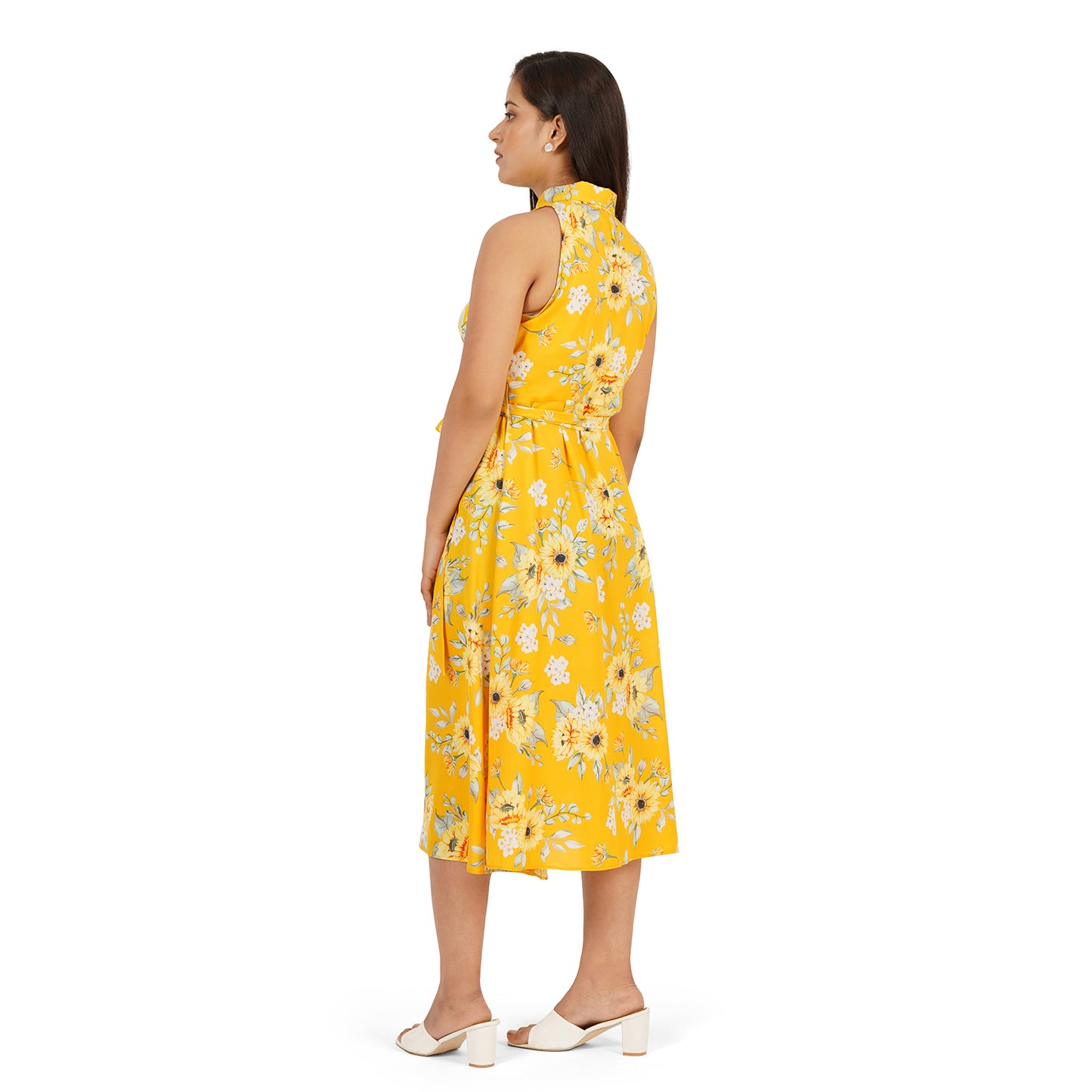 Yellow Floral Sleeveless Shirt Collar Midi Dress – Summer Cool Fabric