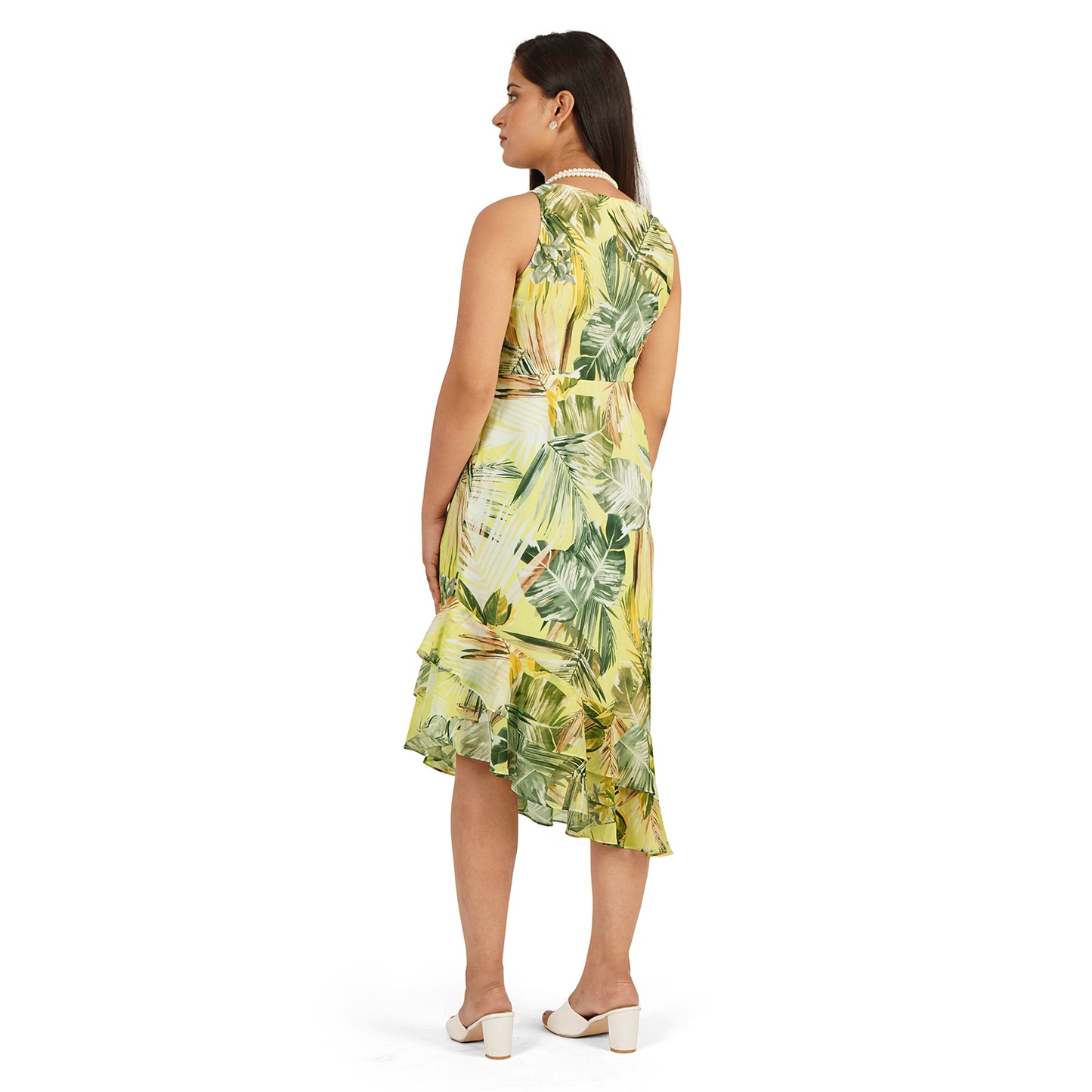 Trendy Green Leaves Digital Printed Georgette Ruffle Hem Western Dress for Women