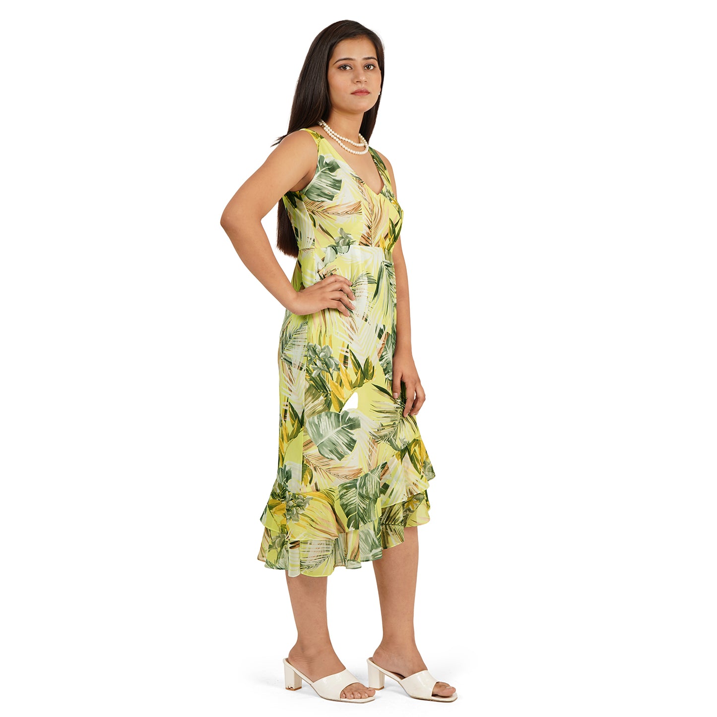 Trendy Green Leaves Digital Printed Georgette Ruffle Hem Western Dress for Women