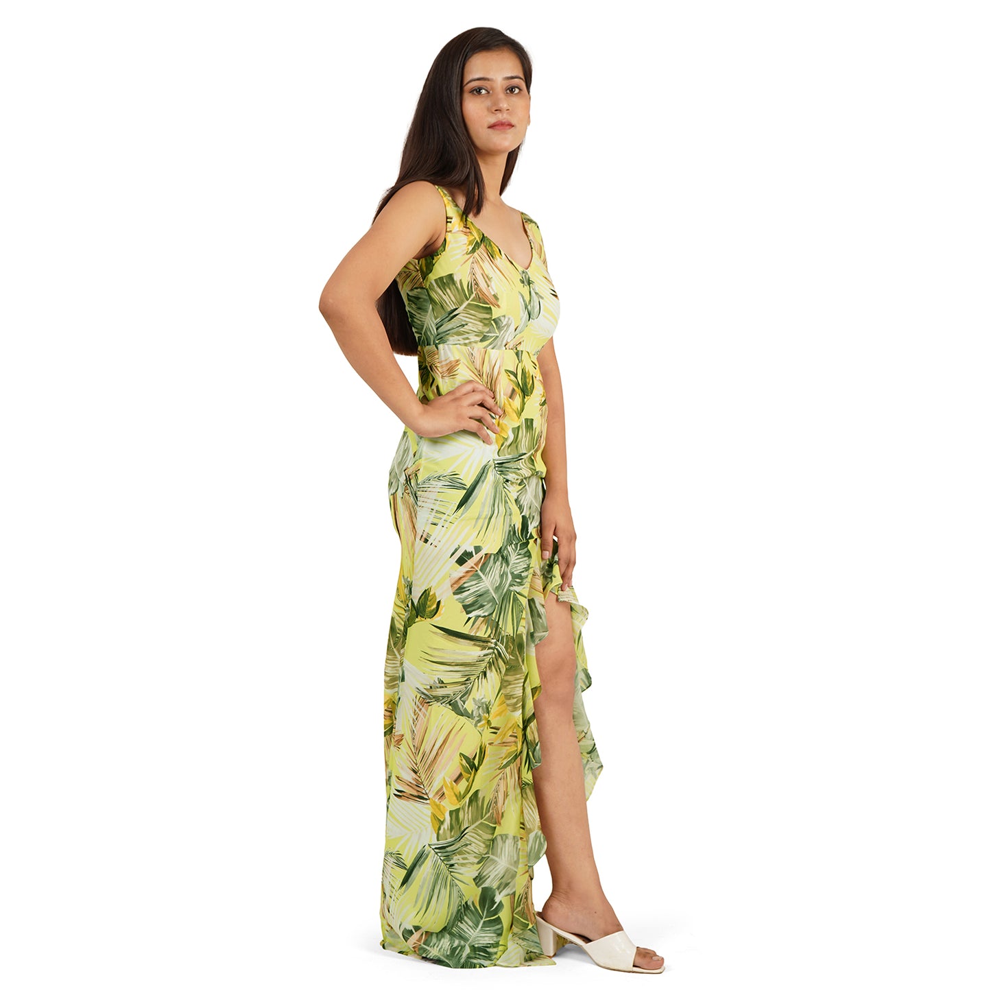 Stylish Green Leaves Digital Printed Georgette High Slit Western Dress for Women