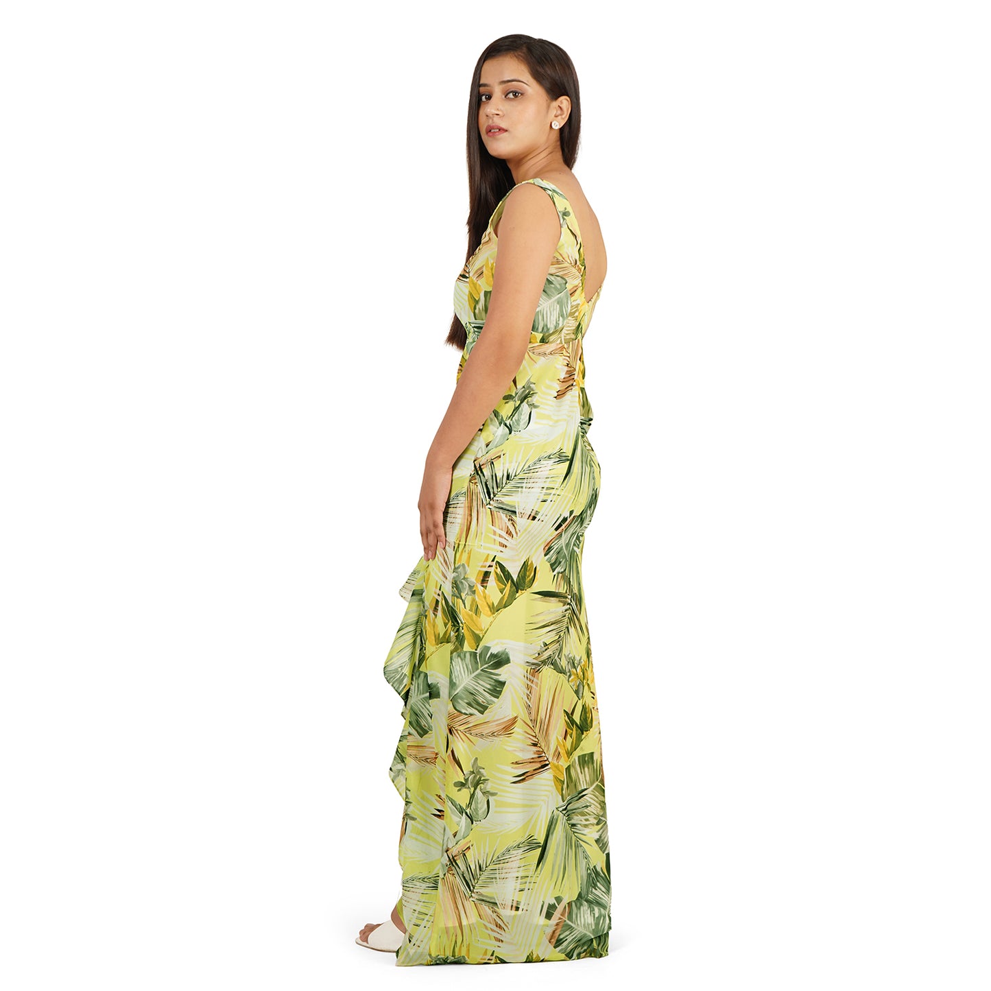 Stylish Green Leaves Digital Printed Georgette High Slit Western Dress for Women