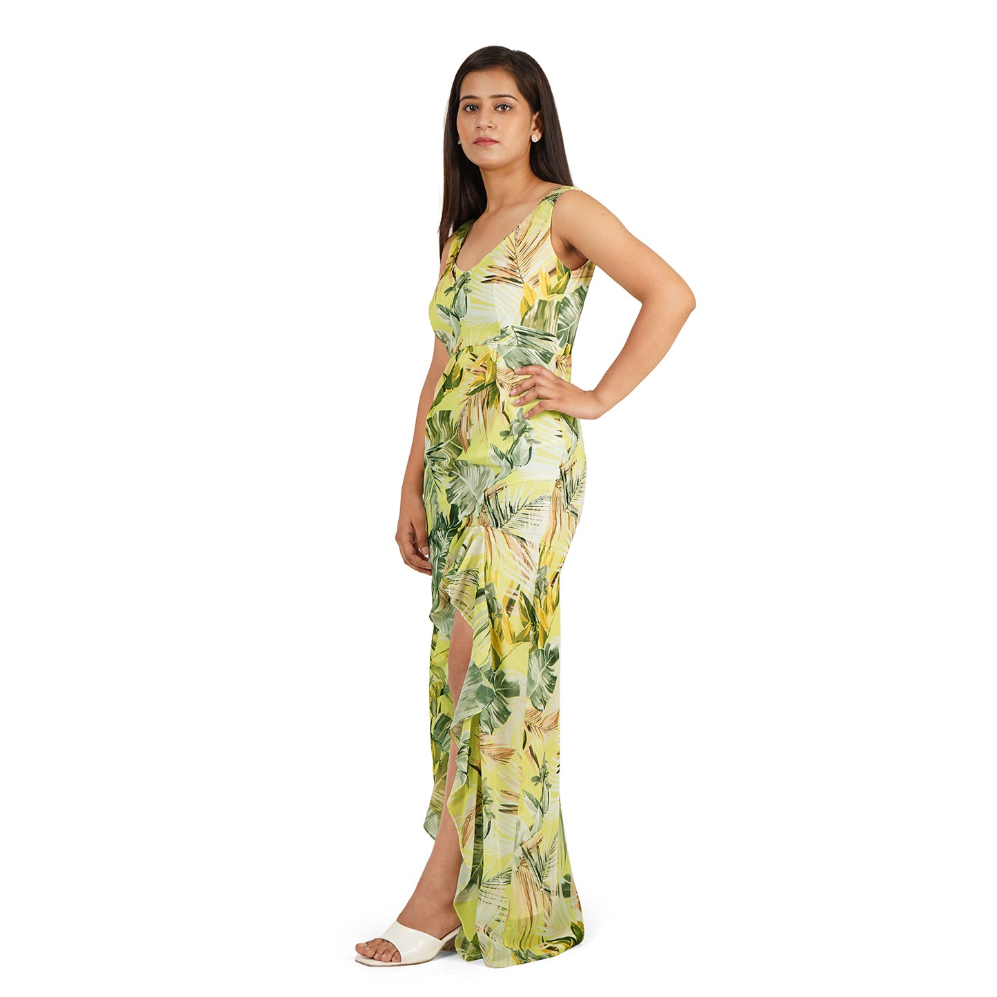 Stylish Green Leaves Digital Printed Georgette High Slit Western Dress for Women