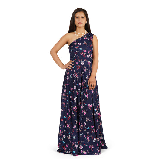 Blue Long Full Flare One Shoulder Dress – Crepe Fabric