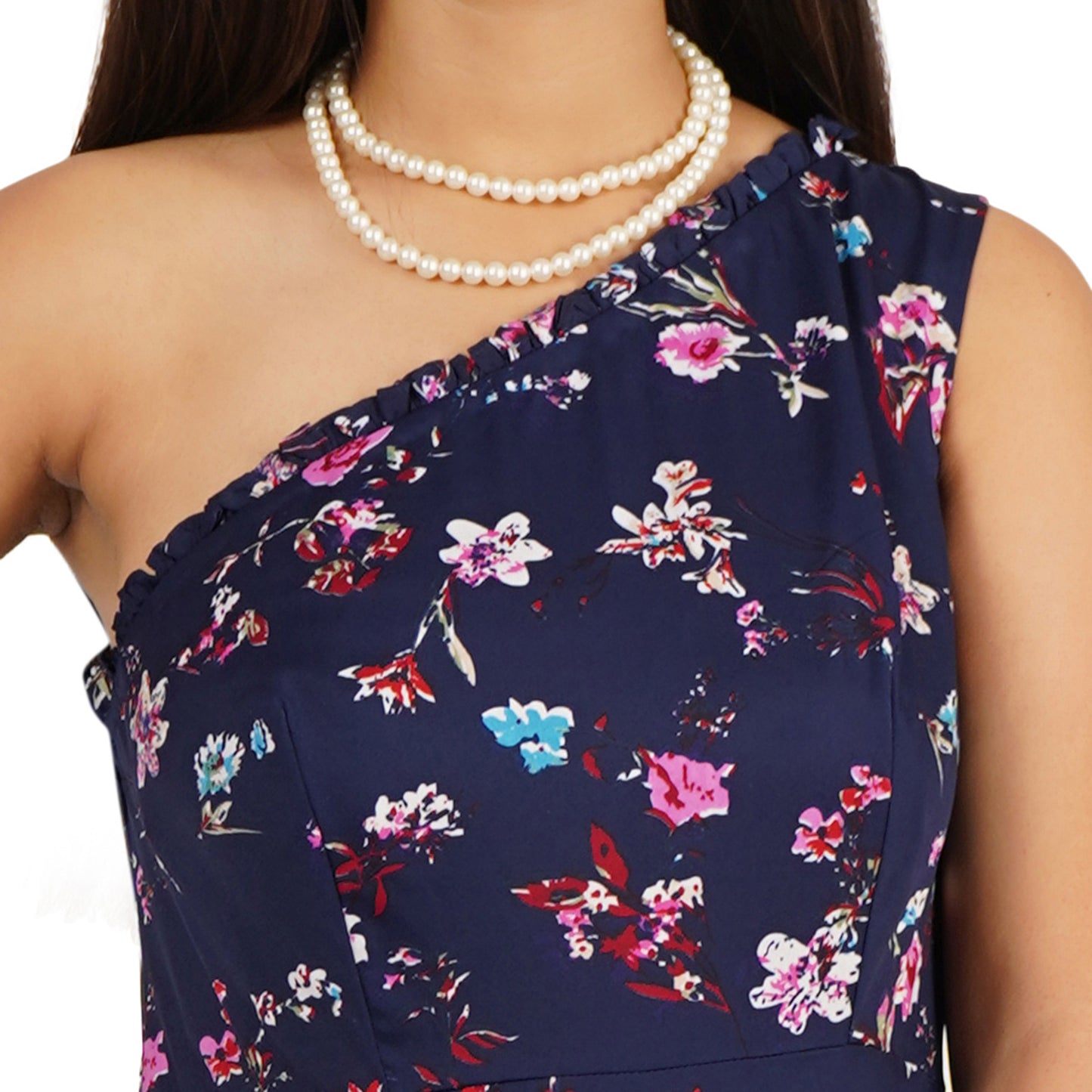 Blue Long Full Flare One Shoulder Dress – Crepe Fabric