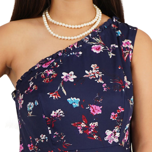 Blue Long Full Flare One Shoulder Dress – Crepe Fabric