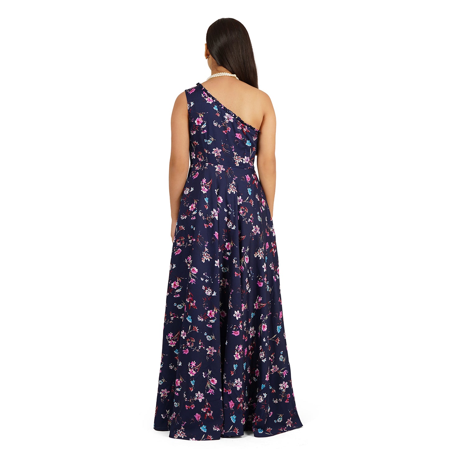 Blue Long Full Flare One Shoulder Dress – Crepe Fabric