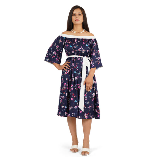 Blue Off-Shoulder Knee Length Dress – Crepe Fabric