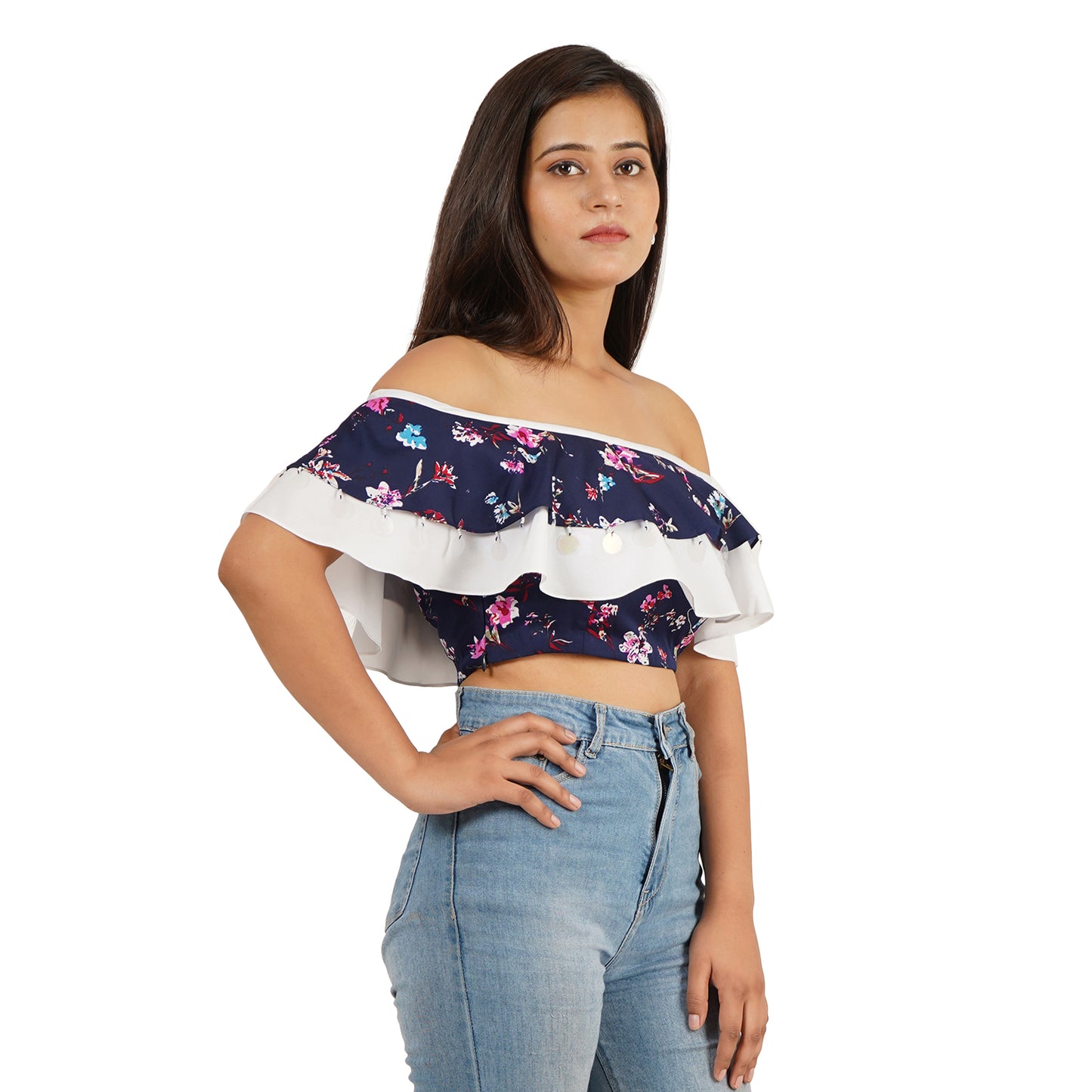 Trendy Blue Floral Off Shoulder Ruffle Crop Top for Women