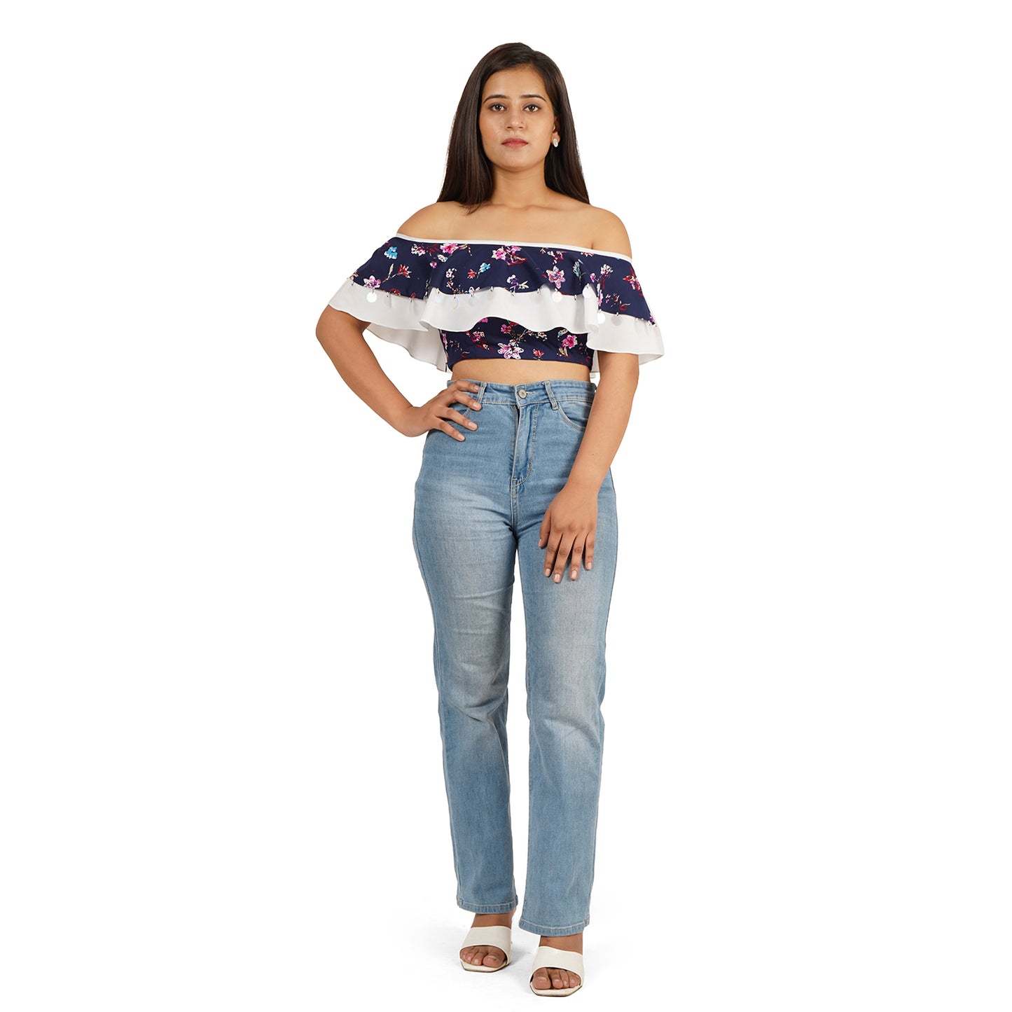 Trendy Blue Floral Off Shoulder Ruffle Crop Top for Women