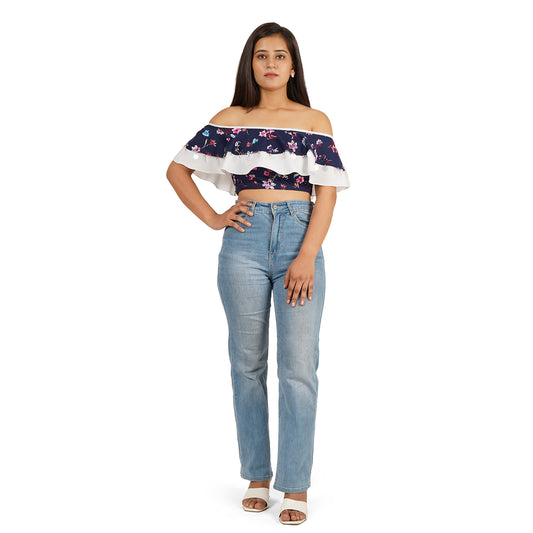 Trendy Blue Floral Off Shoulder Ruffle Crop Top for Women