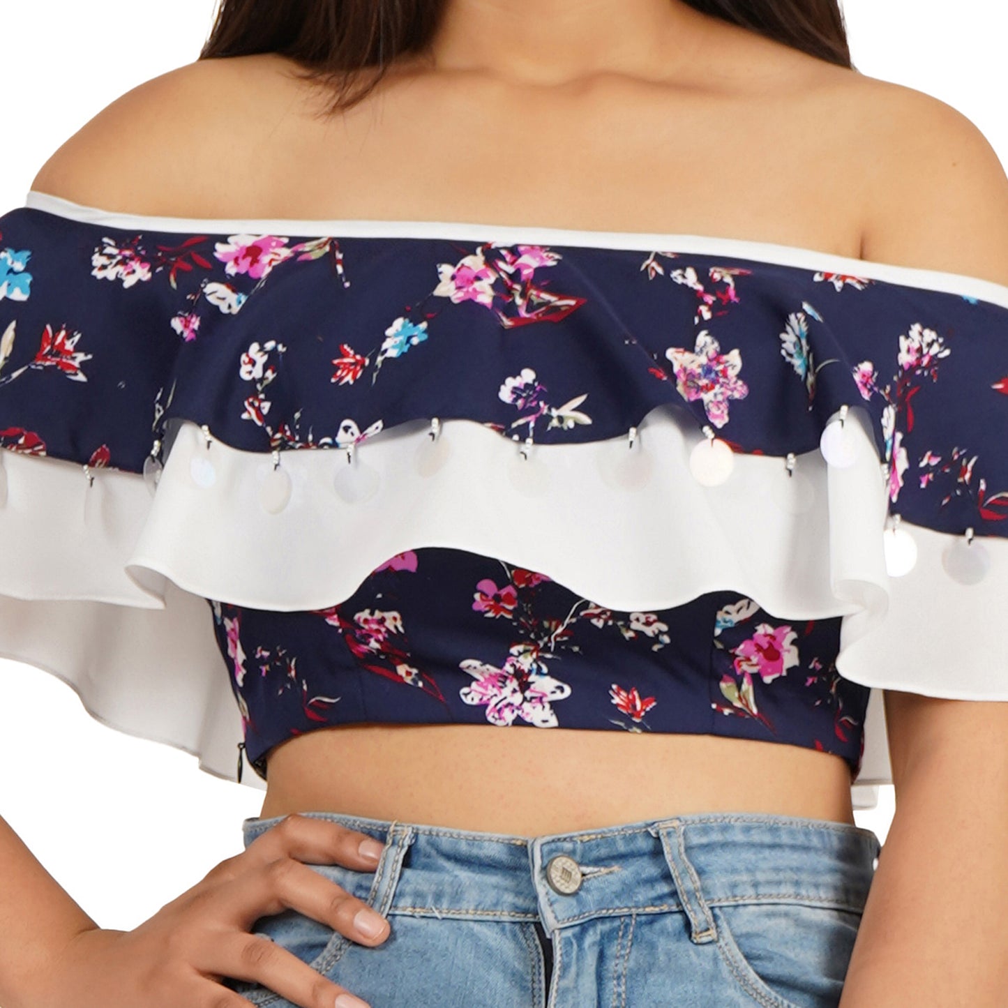 Trendy Blue Floral Off Shoulder Ruffle Crop Top for Women
