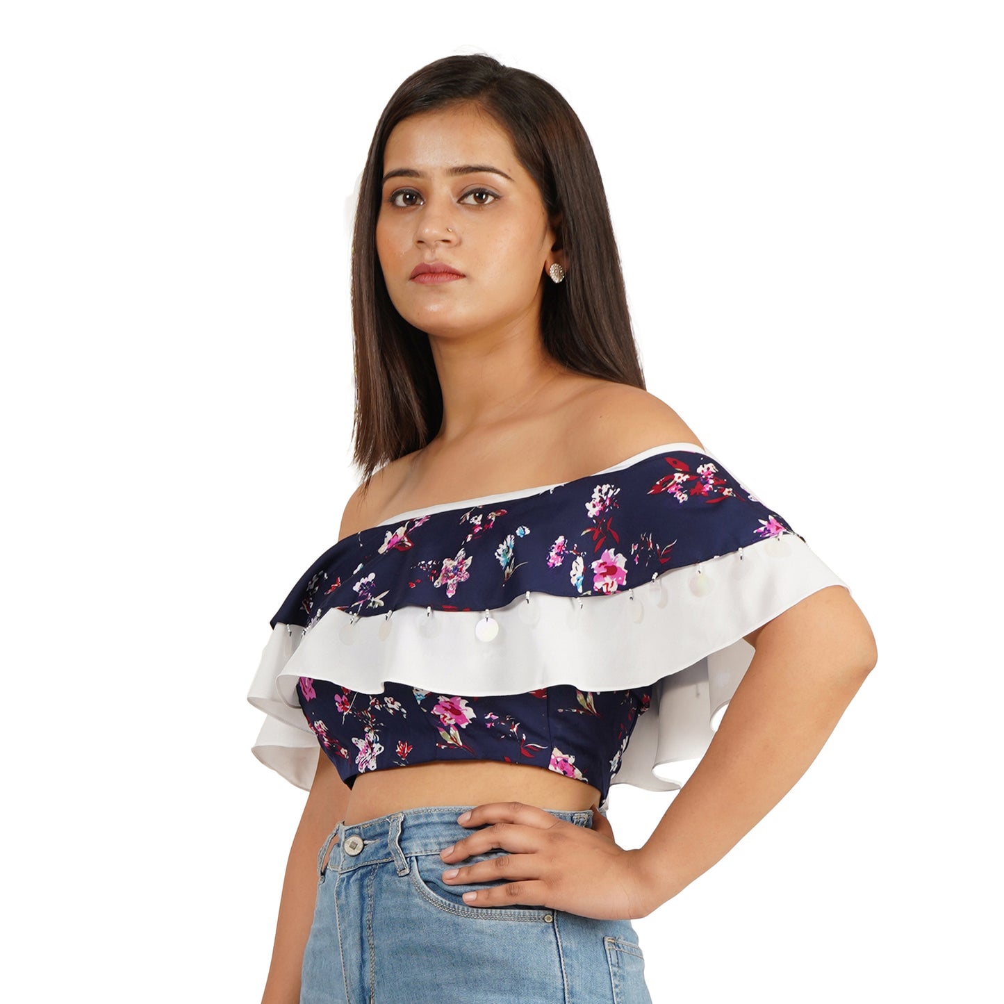 Trendy Blue Floral Off Shoulder Ruffle Crop Top for Women