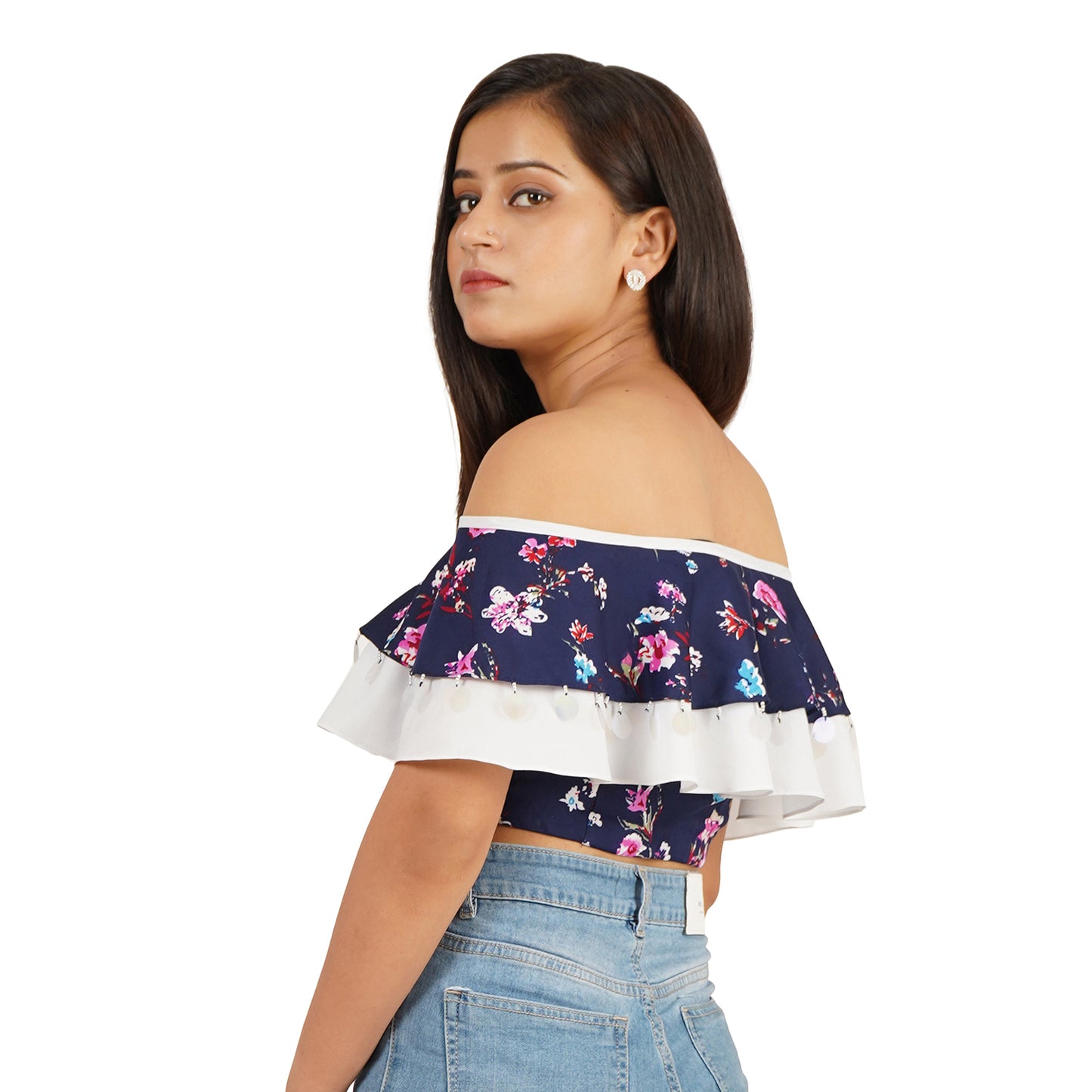 Trendy Blue Floral Off Shoulder Ruffle Crop Top for Women