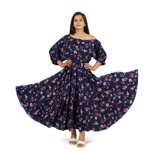Blue Floral One-Shoulder Full Flare Long Dress – Crepe Fabric