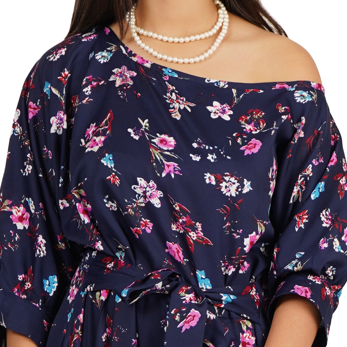 Blue Floral One-Shoulder Full Flare Long Dress – Crepe Fabric