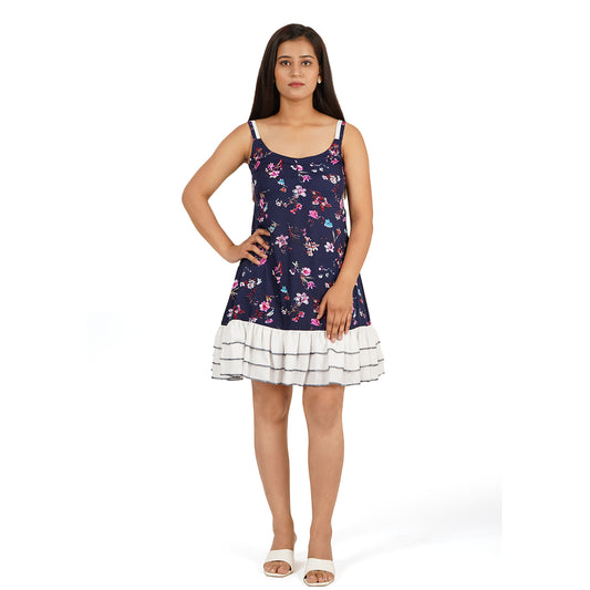 Blue Floral A-Line Short Dress with White Layered Hem for Women