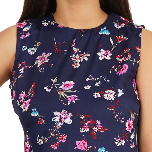 Blue Sleeveless Floral Short Dress with White Ruffle Hem for Women