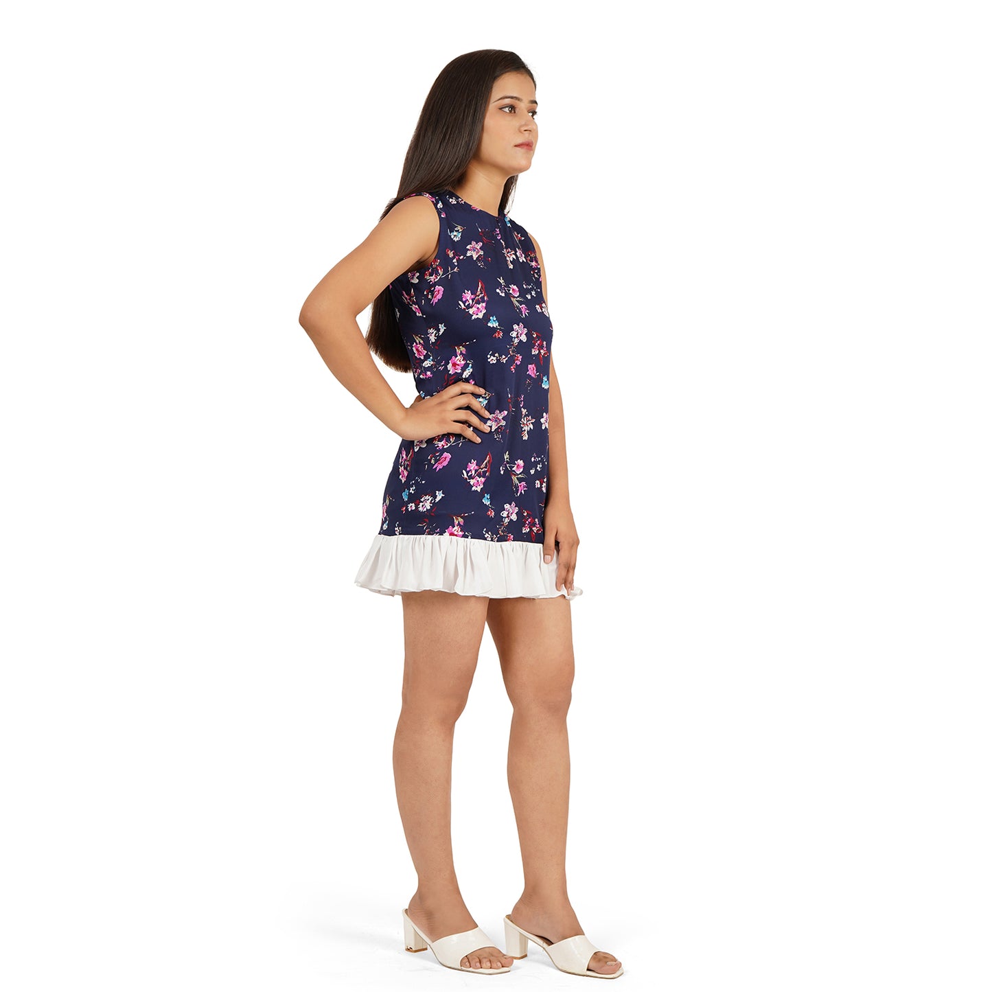 Blue Sleeveless Floral Short Dress with White Ruffle Hem for Women
