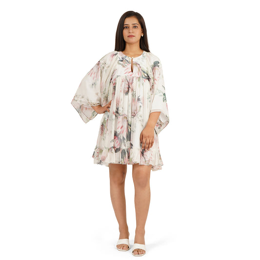 Floral Digital Printed Georgette Gathered Tunic Dress for Women