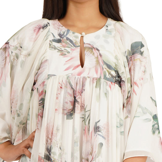 Floral Digital Printed Georgette Gathered Tunic Dress for Women