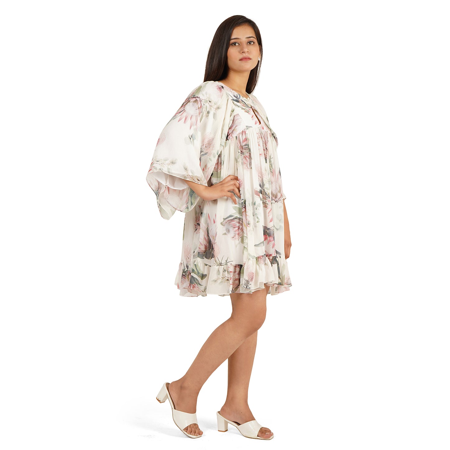 Floral Digital Printed Georgette Gathered Tunic Dress for Women