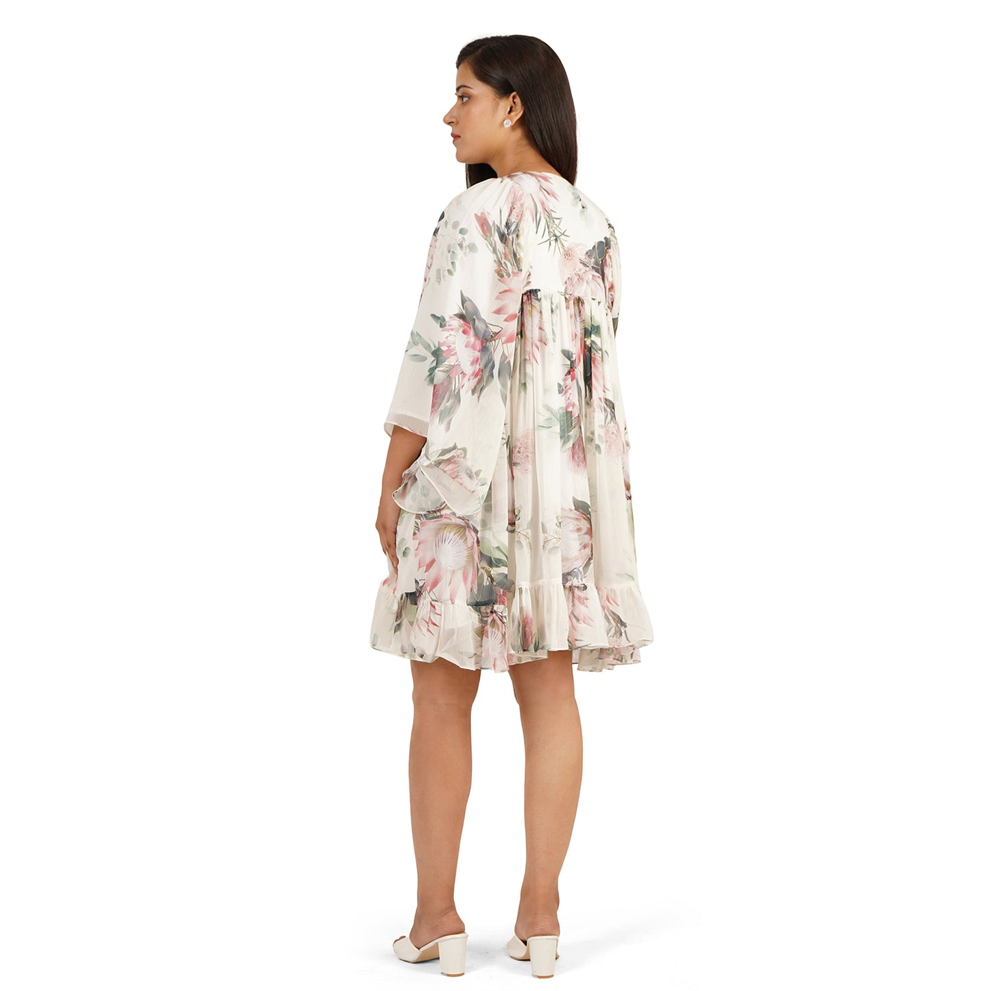 Floral Digital Printed Georgette Gathered Tunic Dress for Women