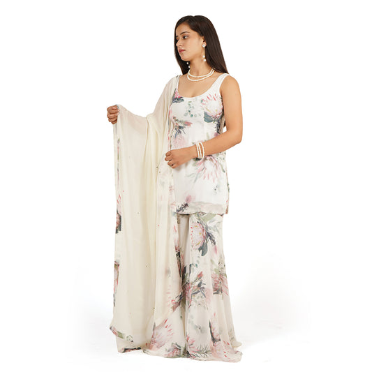Floral Digital Printed Kurti Sharara Set with Dupatta – Off-White