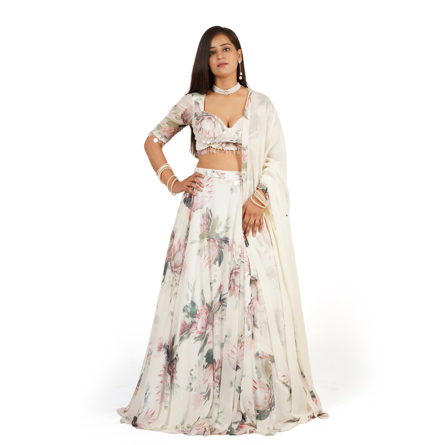 Flower Digital Printed Lehenga Blouse Dupatta Set