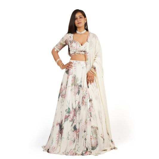 Flower Digital Printed Lehenga Blouse Dupatta Set