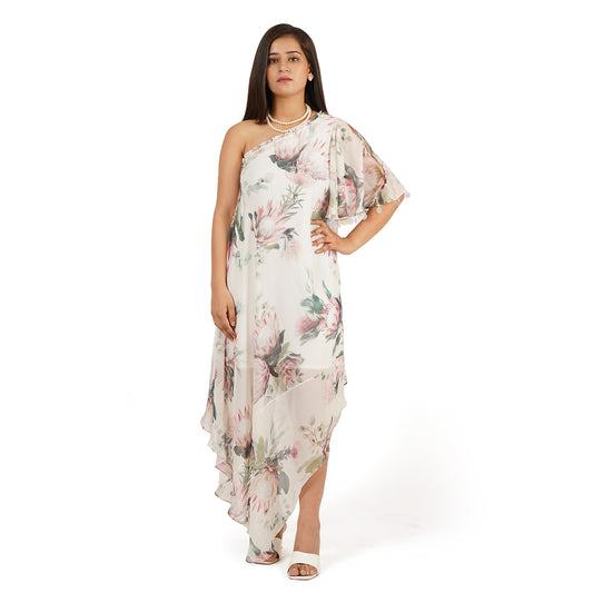 Floral One Shoulder Long Dress with Ruffle Sleeve – Digital Printed
