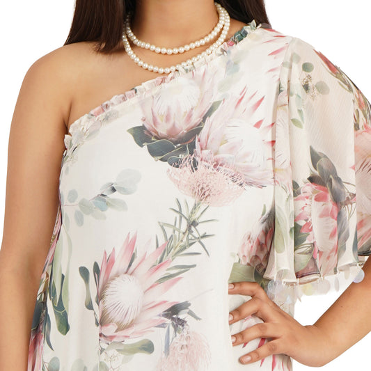 Floral One Shoulder Long Dress with Ruffle Sleeve – Digital Printed
